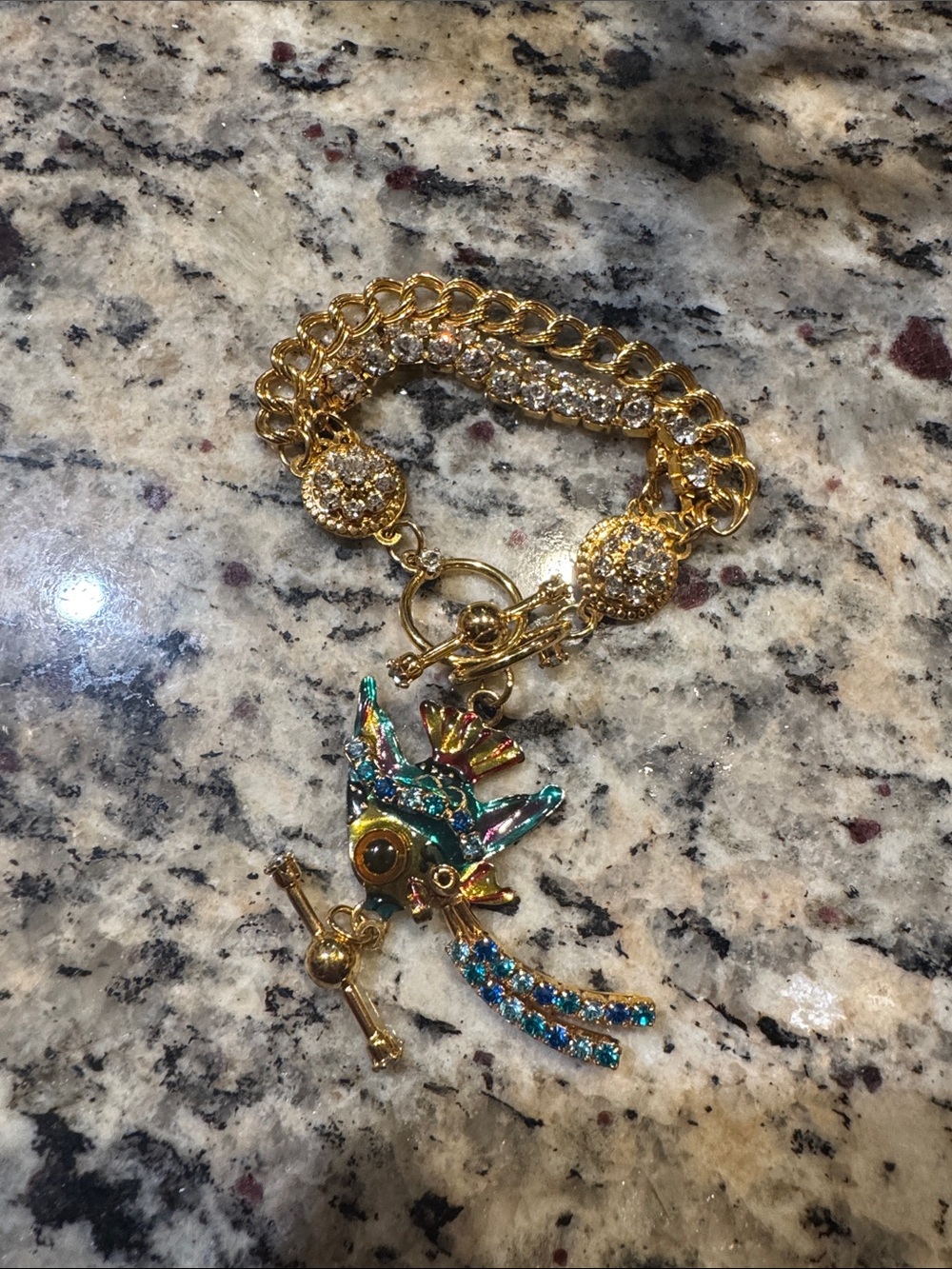 Vintage Lunch At The Ritz Gold Multicolor Crystal Bird Charm Bracelet 1990s Rare